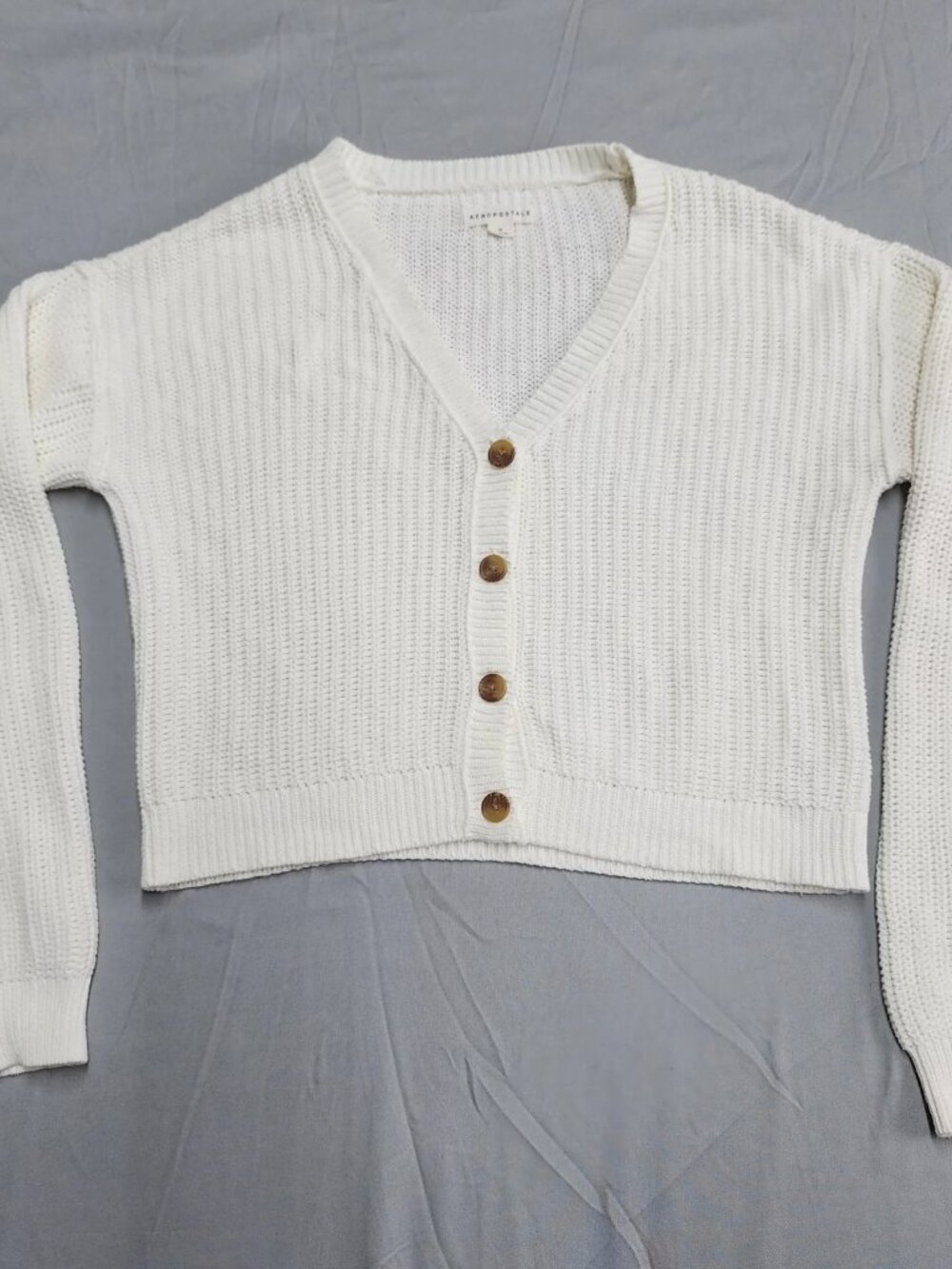 Aeropostale Womens Cardigan Sweater Size M White Cropped Chunky Ribbed Knit